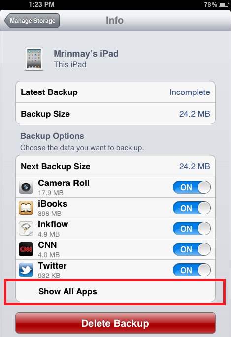manage storage show all apps